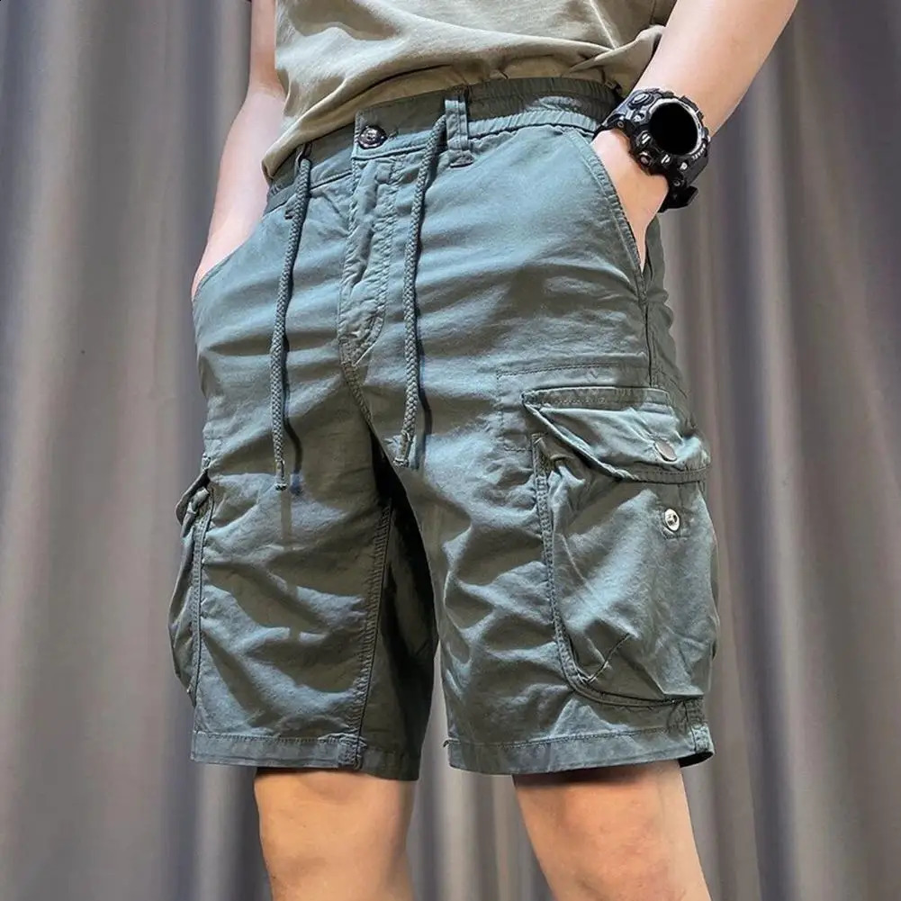 Durable Men Shorts Elastic Waist Mens Cargo Adjustable Drawstring Reinforced Pockets Straight Leg for Beach or Casual 250103
