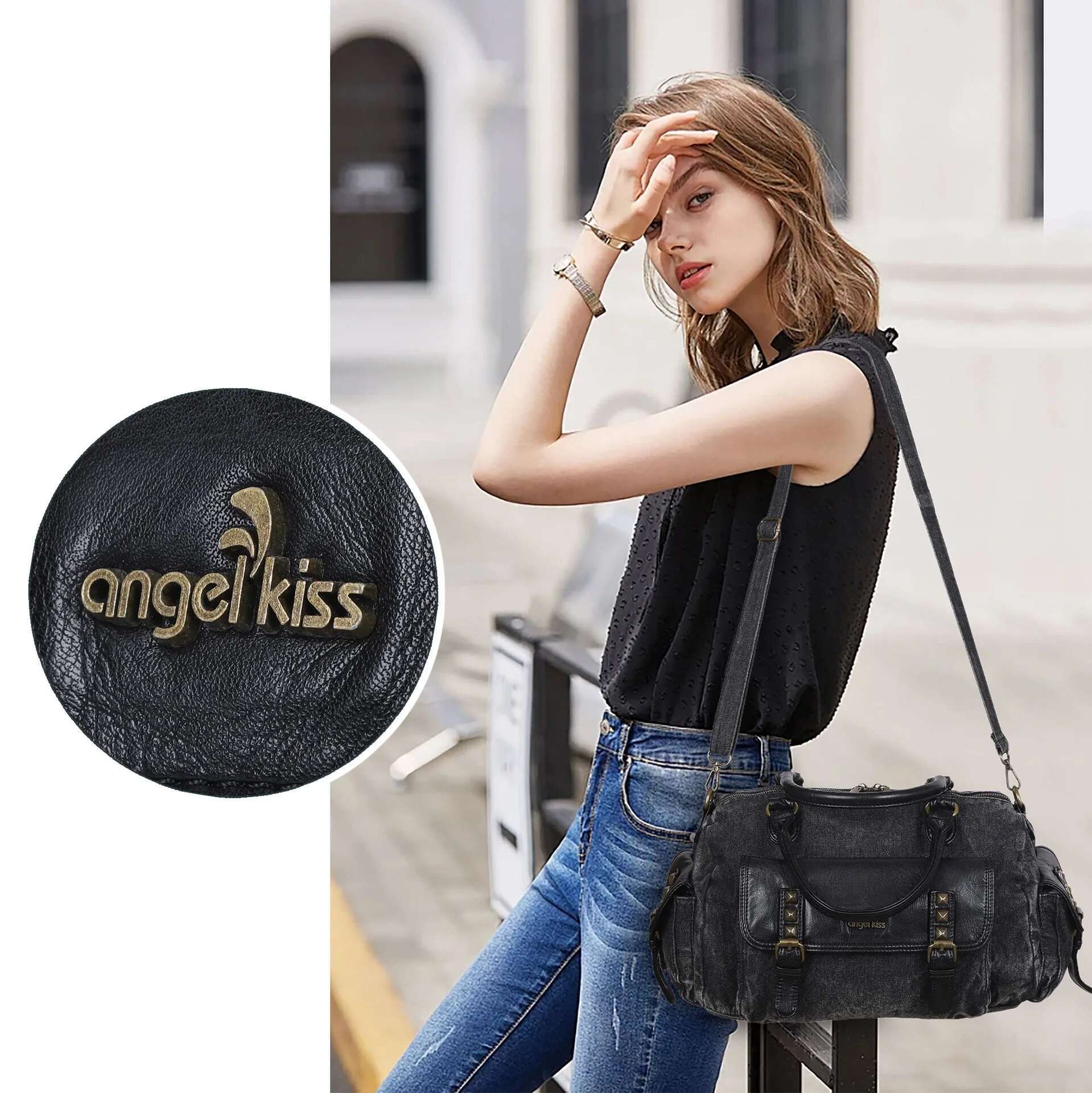 Angelkiss Women Handbags Satchel Top-Handle Denim Bag Large Dumpg Fabric Shoulder Bags Phone Money Pack