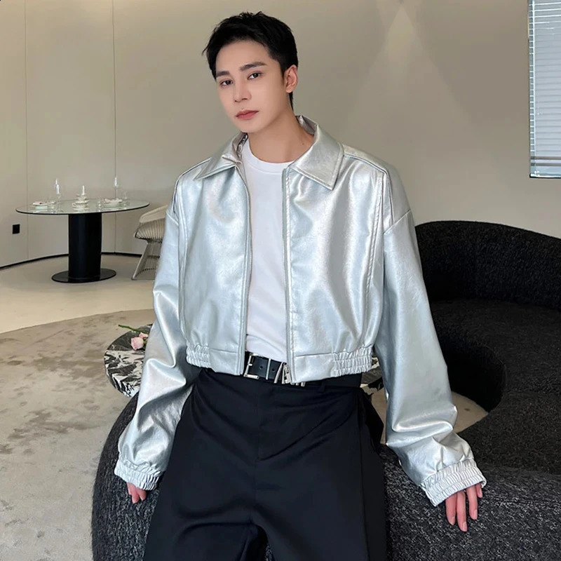 LUZHEN Leater Jackets Trend Mens Fashion Metal Silver Handsome Lapel Zipper Outerwear Korean Style Short Pu Leather Coat LZ2319 250109