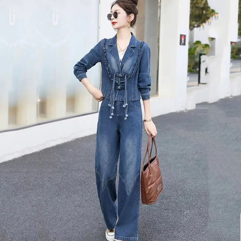 Fashion Womens Denim Wide-Leg Pants Suit Autumn Casual Short Denim Jacket Jeans Two-Piece Suits Female Trousers Sets Blue 250109