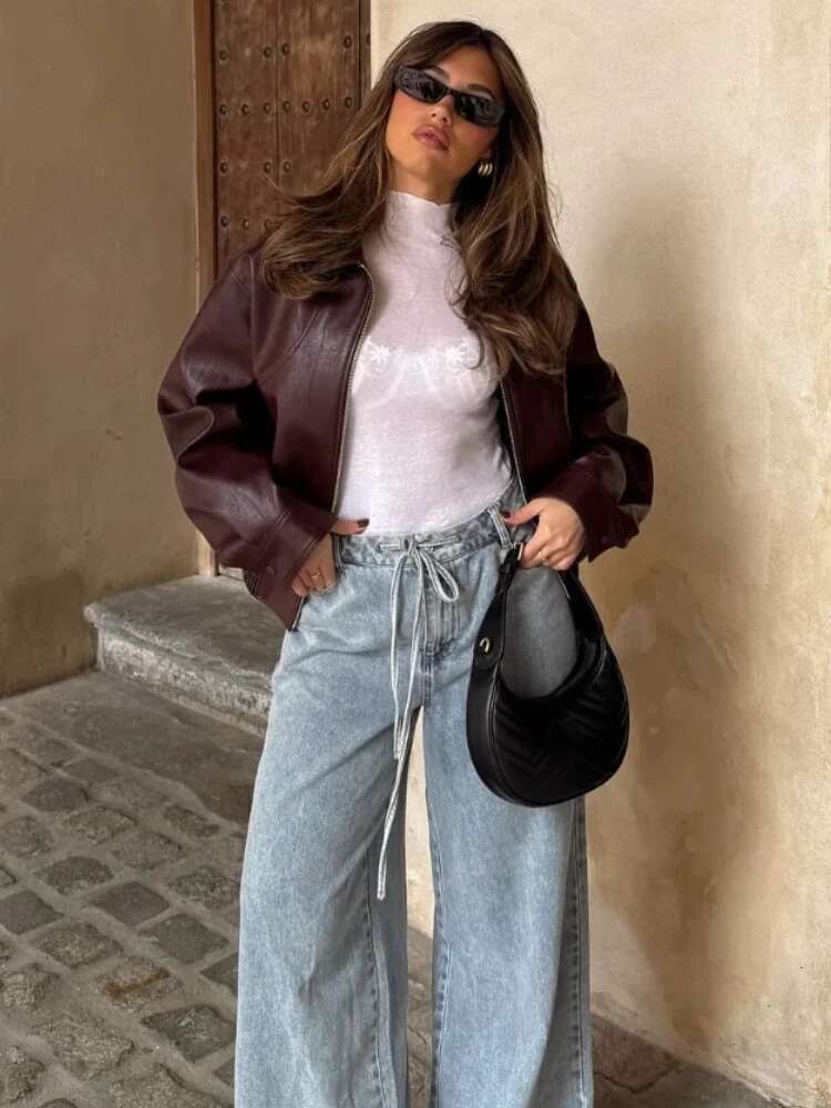 Women's Faux Leather Jacket Vintage Lapel Long Sleeve Zip Pocket Solid Elastic Hem Cropped PU Overcoat Fall Winter New Coat