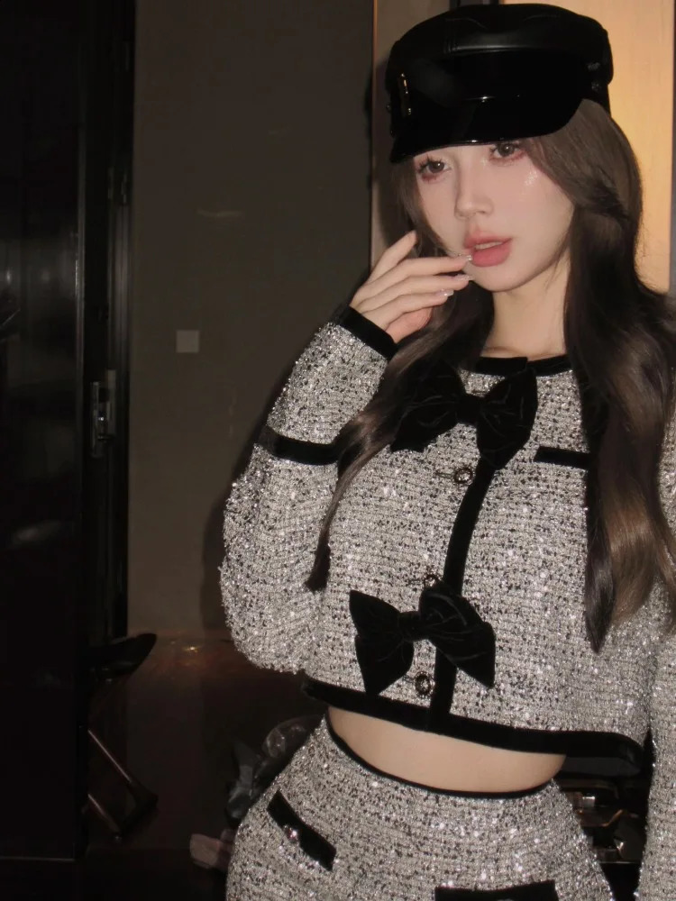 Elegant Bow-tie Round Neck Long Sleeve Coat for Women Autumn Bodycon Skirt Slimming Short Skirt Two-piece Set High Quality 250109