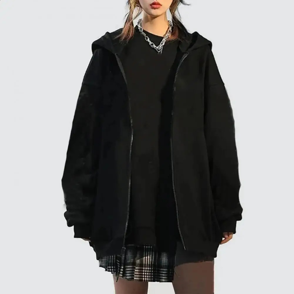 Women Jacket Coat Hooded Drawstring Long Sleeve Zipper Placket Zip-up Unisex Jacket Casual Solid Color Pockets Sweatshirt 250106