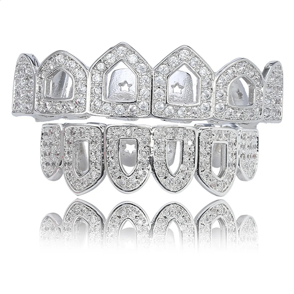 Full CZ Stones Star Teeth Caps Cubic Zircon Iced Out Micro Pave Top Bottom Charm Grills Set For Men Women Hip Hop Jewelry 250107