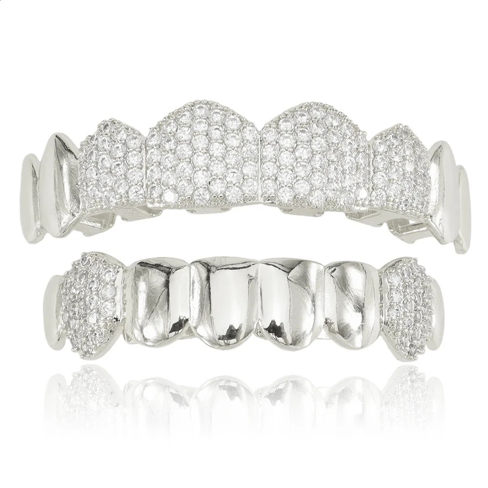 Hip Hop Full Iced Out CZ Stones Teeth Caps Cubic Zircon Top Bottom Charm Grills Set For Men Women Jewelry Gift 250107