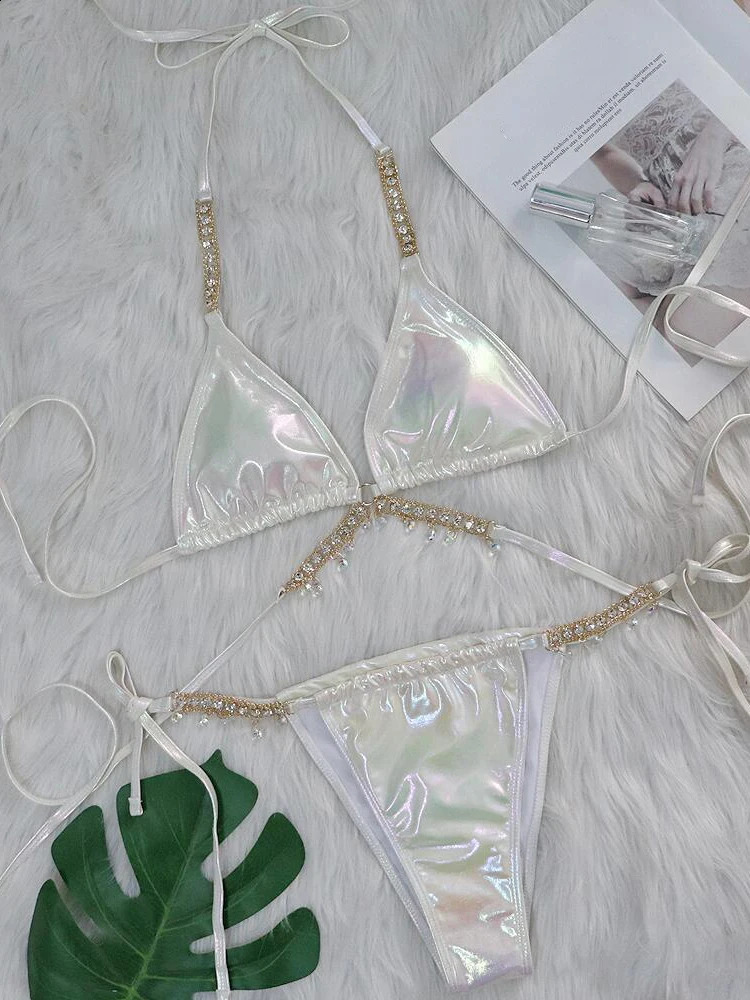 OIINAA Womens Swimsuit Sexy Solid Flash Bikini Set Diamond Strap Beach Wear Wrap Swimsuit Summer Lace Bikini 250110