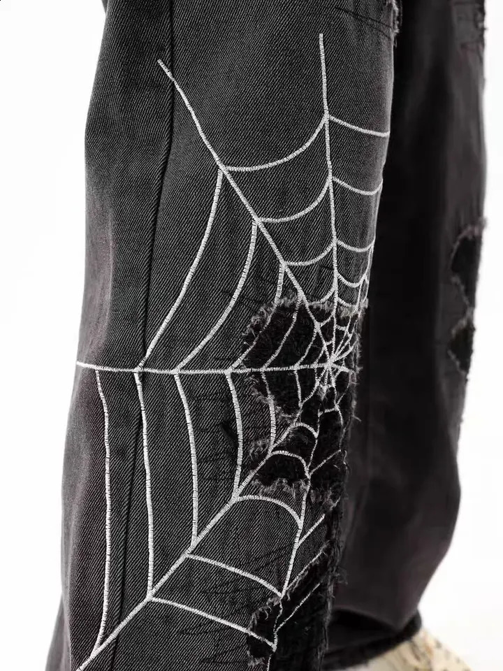 y2k Jeans Mens Spider Web Printed Pants American Vintage Hip Hop Style Casual Loose Aesthetic Straight High Street Wide Leg Pan 250109