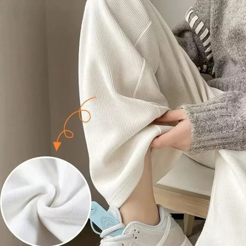 Women Winter Chic Snow Warm Daily High Waisted Long Pants Lady Basic Baggy Straight Leg Wide Plush Thermal Trousers 250106