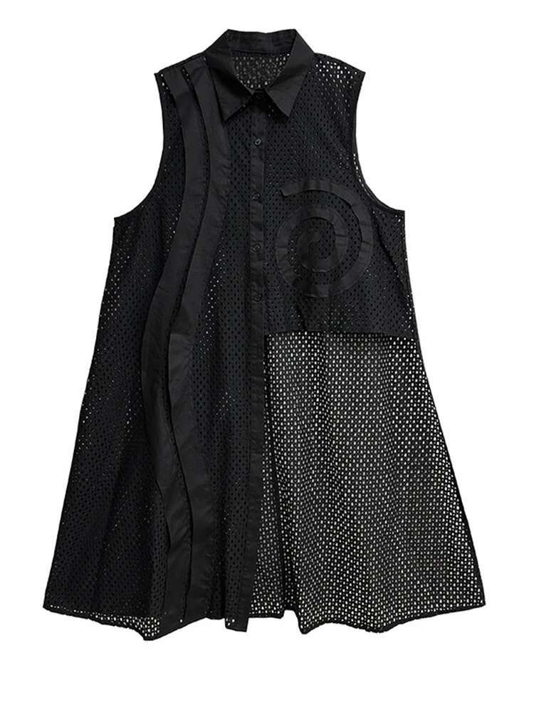 Women White Hollow Out Big Size Long Elegant Shirt Dress New Lapel Sleeveless Fashion Tide Spring Autumn 2025 1Dh9424