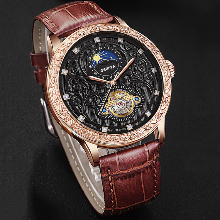 Luxury Automatic Mechanical Watch with Diamond-Encrusted Skeleton and 30M Waterproof Leather Strap for Men