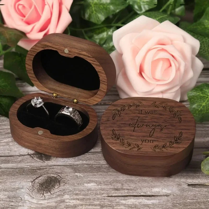 1PCS Free Engraved Oval Ring Wooden Box Personalized Double Slot Ring Bearer Proposal Holder Box For Wedding Bridal Gift For Her 250106