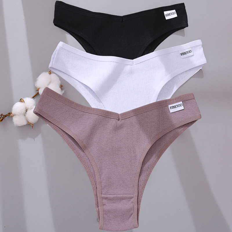 FINETOO 3PCS Brazilian Panties Cotton Women's Panties V Waist G-String Underwear Female T-back Underpants Lady Bikini Panty M-XL