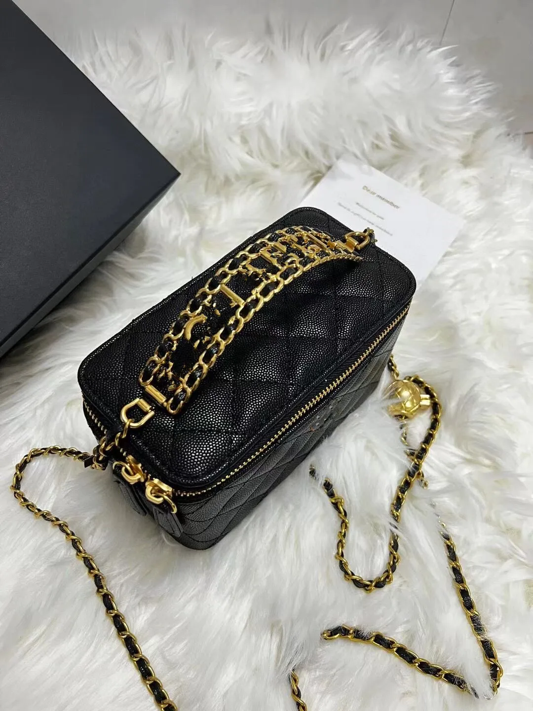 2C New style Golden Globe Long Box Caviar Makeup Bag Metal Handle Oblique Straddle Portable Fashion Shoulder Bag Chain Bag match gift box and paper card