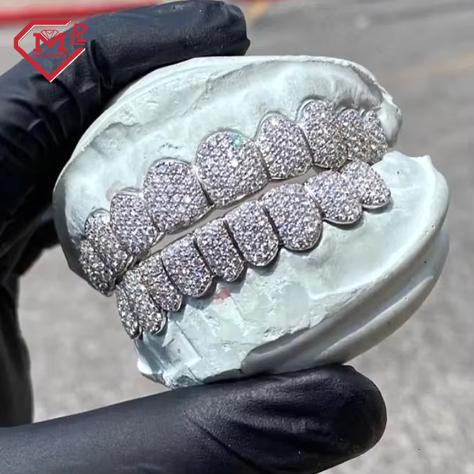 Real S Teeth Fully Iced Rapper Bust Down Deep Cut Custom D Color Moissanite Grillz