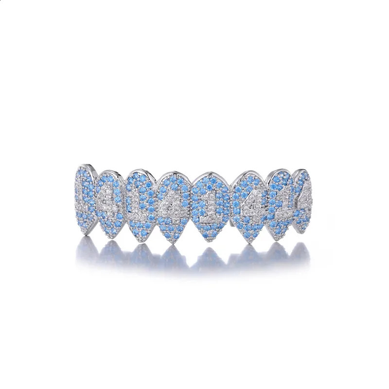 Hip Hop Full CZ Blue Stones Teeth Caps Cubic Zircon Iced Out Micro Pave Top Bottom Charm Grills Set For Men Women Jewelry 250107