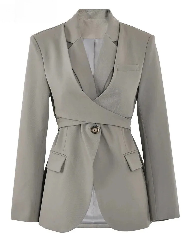 Women Gray Cross Bandage Casual Blazer New Lapel Long Sleeve Loose Fit Jacket Fashion Tide Spring Autumn 2025 Cp2134