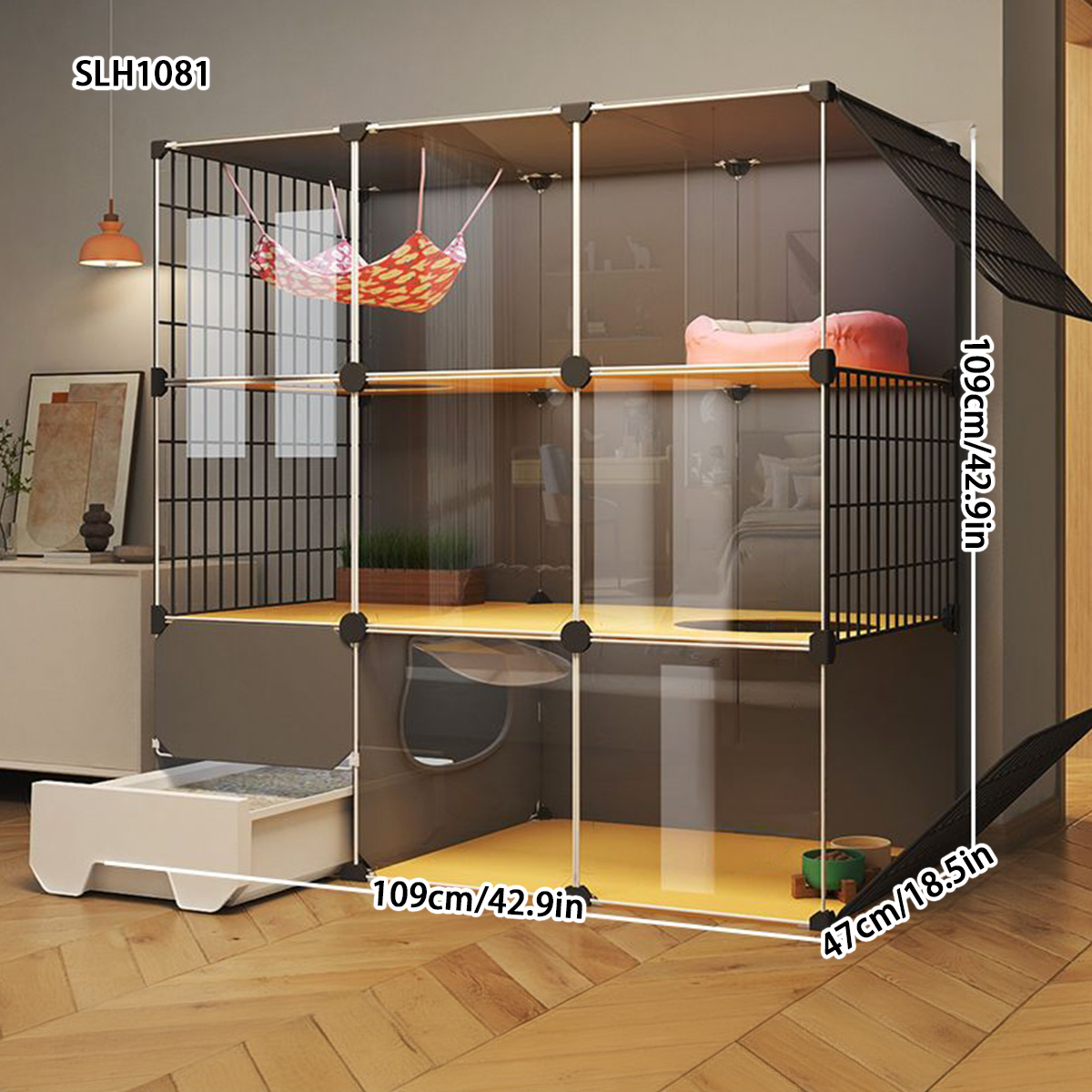 Cat Condo for Home - Large Roomy Cat Crate with Built-in Litter Pan and Scratching Post