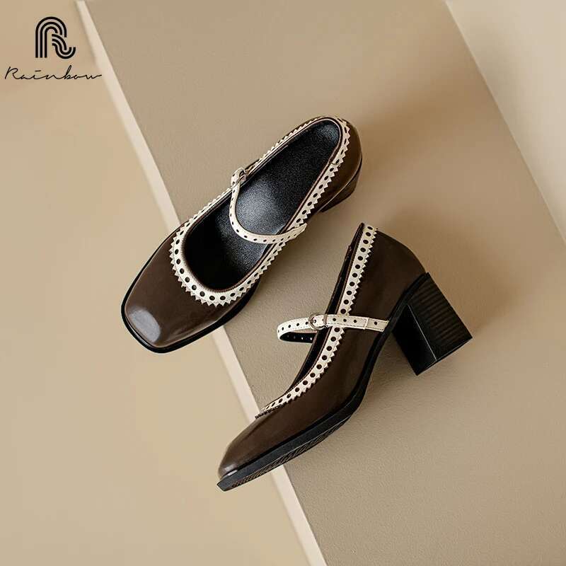 RAINBOW 34-39 Women Mary Jane One Strap French Style Vintage Shoes Spring Atumn Buckle Thick Heeled Pumps Cowhide Retro