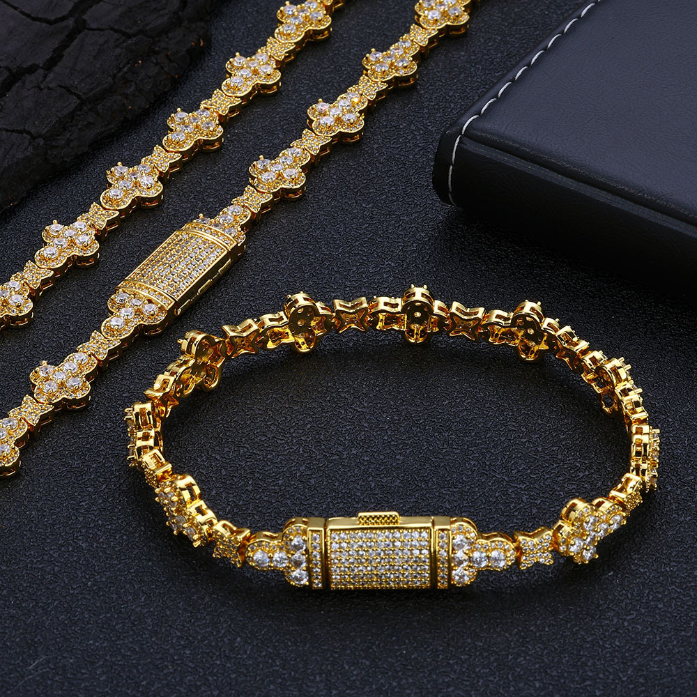 10mm Hip Hop Star Cross Cuban Link Chain Necklace Bracelets 5A CZ Real Gold plated Jewelry