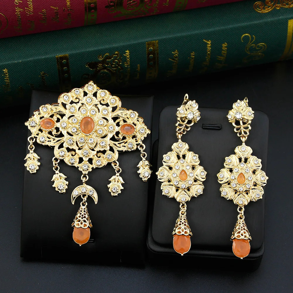 Neovisson Fashion Style Morocco Brooch Earring Bride Jewelry Sets For Women n Orange Crystal Gold Color Brooch Earring Gift 250103
