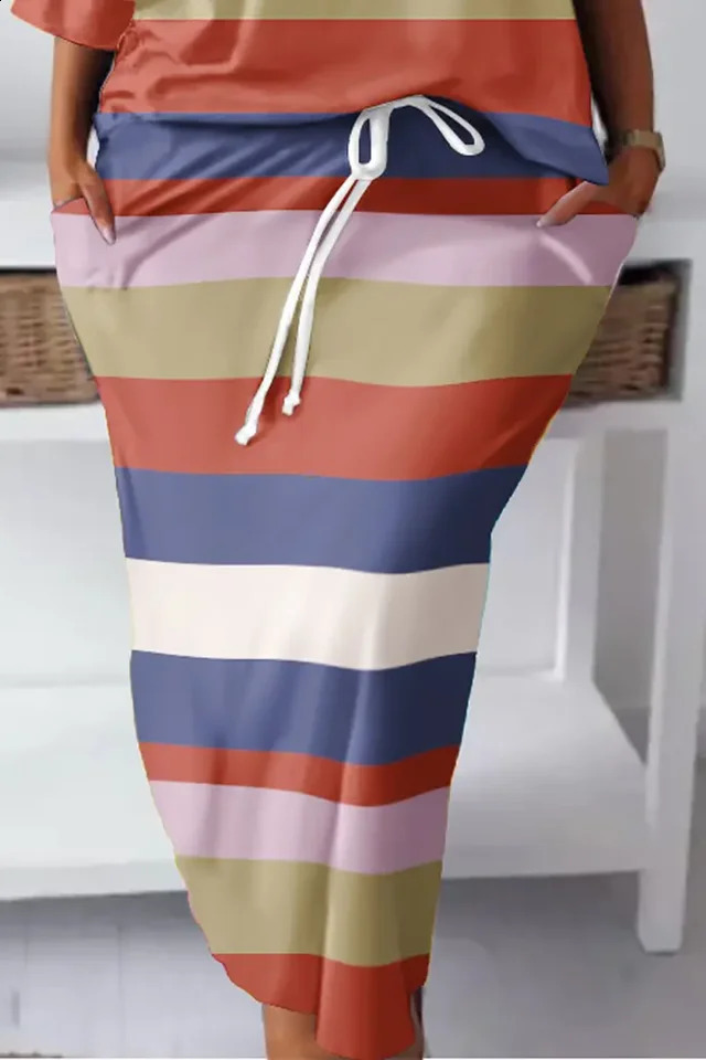 Plus Size Multicolor Casual All Over Print With Pocket Two Piece Skirt Sets 250106