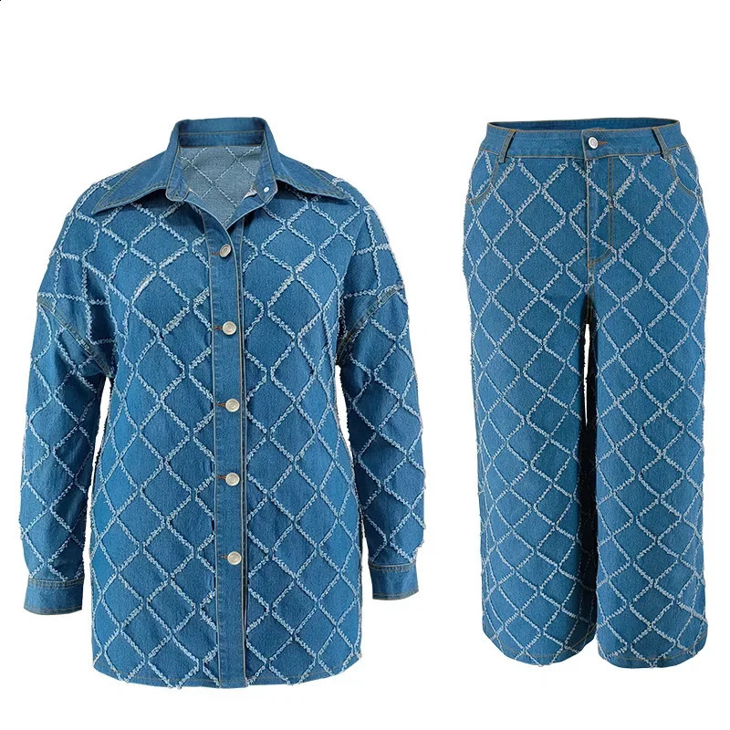 Plus Size Fashion Women Two Pieces Set Spring Long Sleeve Button Blouse Top Wide Leg Pants Oversized 2 Casual Clothes 250109