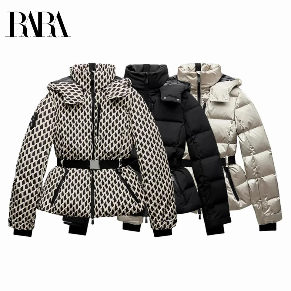 RARA womens ski series standup collar hooded cotton jacket coat belt waist commuting warm windproof cuffs 250108