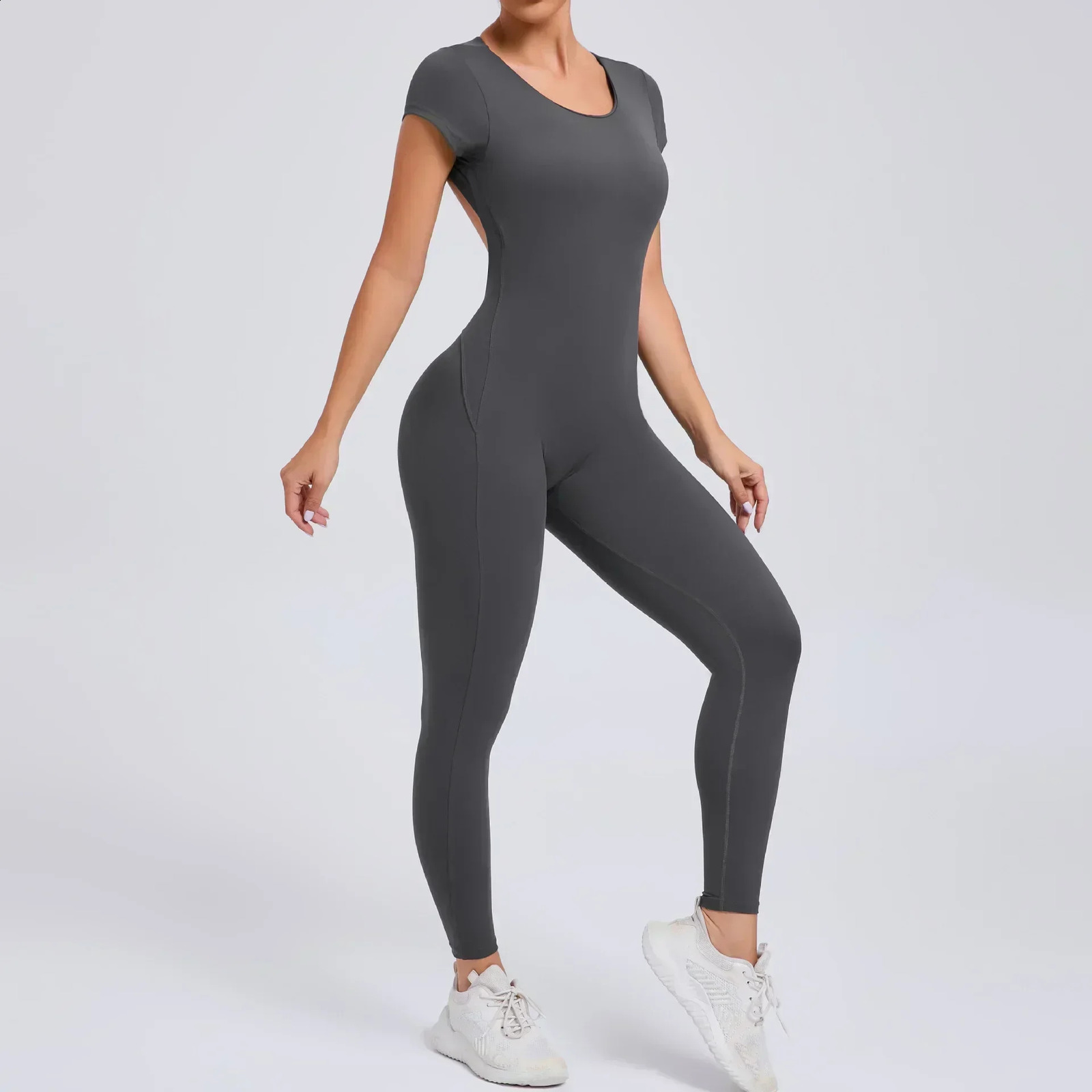 Seamless Yoga Jumpsuits Sports Fiess Hiplifting Shortsleeved Backless Onepiece Workout Gym Leggings Tracksutis for Women 250103