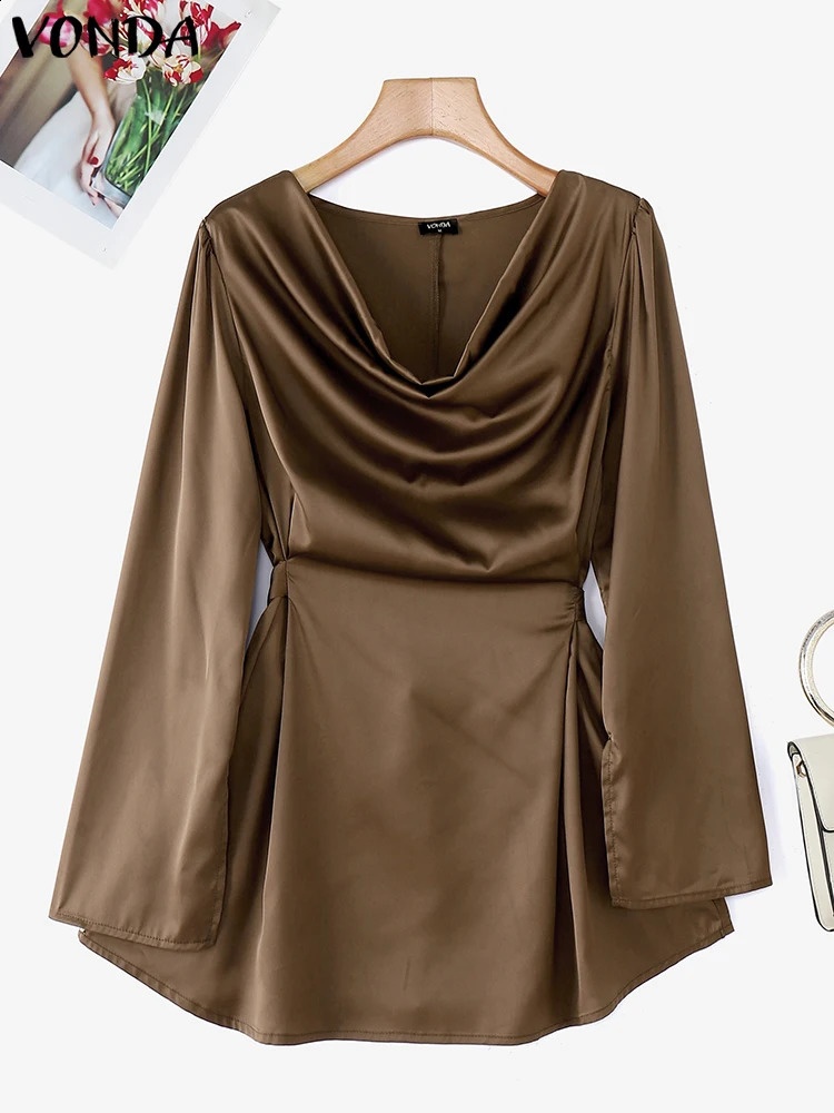 VONDA Women Satin Silk Blouses 2024 Elegant Long Sleeve Tops Casual Pile Collar Blusas Solid Color Pullover Lady Office Tunics 250107