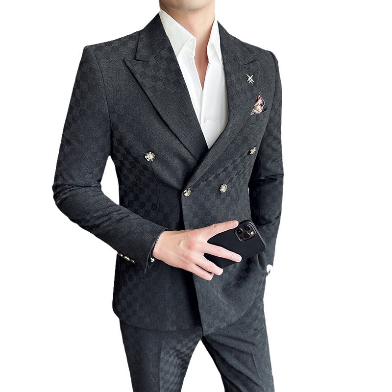 H447 Men's Korean style slim fit stylish plaid double-breasted business suit