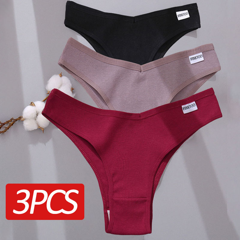 FINETOO 3PCS Brazilian Panties Cotton Women's Panties V Waist G-String Underwear Female T-back Underpants Lady Bikini Panty M-XL