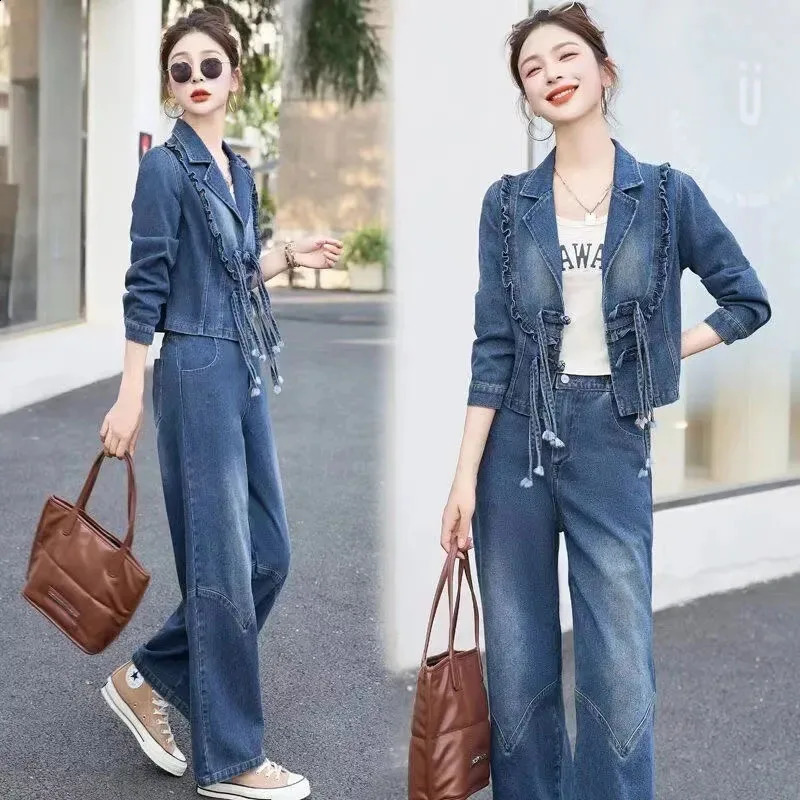 Fashion Womens Denim Wide-Leg Pants Suit Autumn Casual Short Denim Jacket Jeans Two-Piece Suits Female Trousers Sets Blue 250109