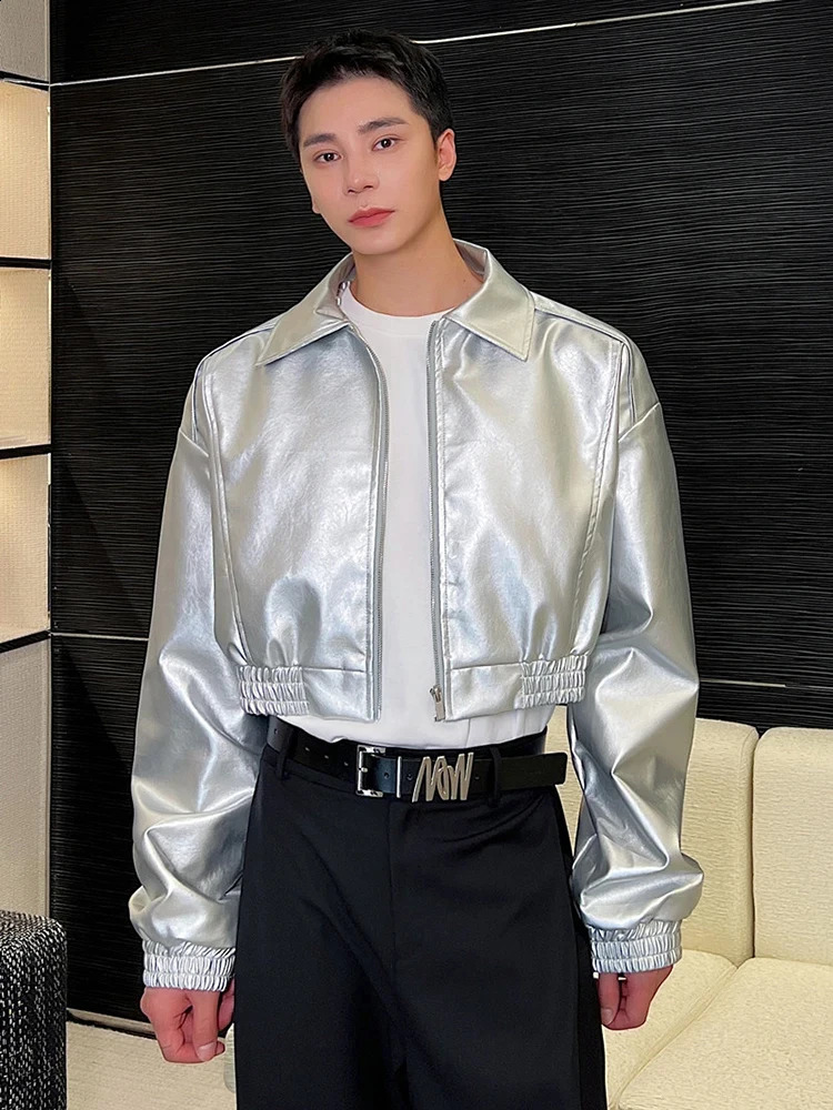 LUZHEN Leater Jackets Trend Mens Fashion Metal Silver Handsome Lapel Zipper Outerwear Korean Style Short Pu Leather Coat LZ2319 250109