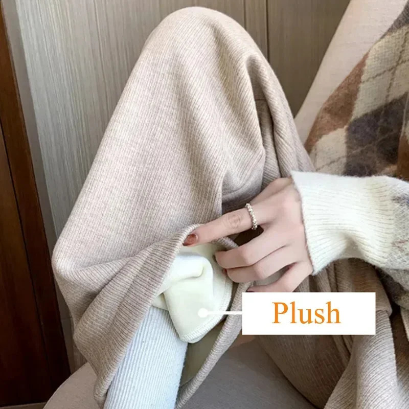 Women Winter Chic Snow Warm Daily High Waisted Long Pants Lady Basic Baggy Straight Leg Wide Plush Thermal Trousers 250106