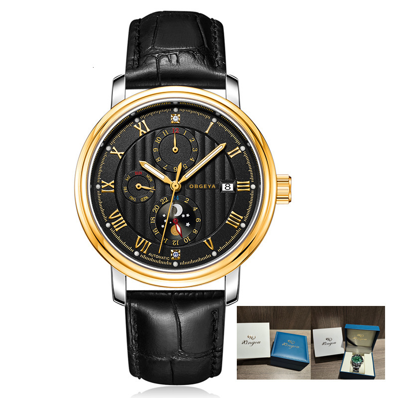 Men's Fashionable Automatic Mechanical Watch with Leather Strap and Night Glow