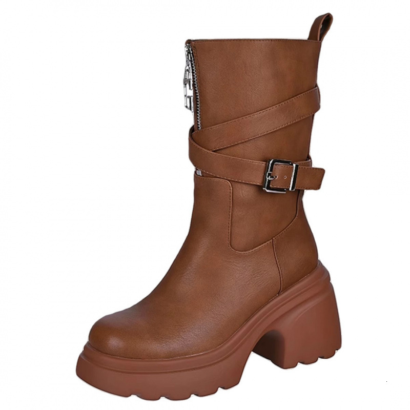 Handsome Knight Women's Midsole Boots, 2025 Autumn And Winter New Style, Front Zipper Versatile Buckle Heels, Knee High Boots