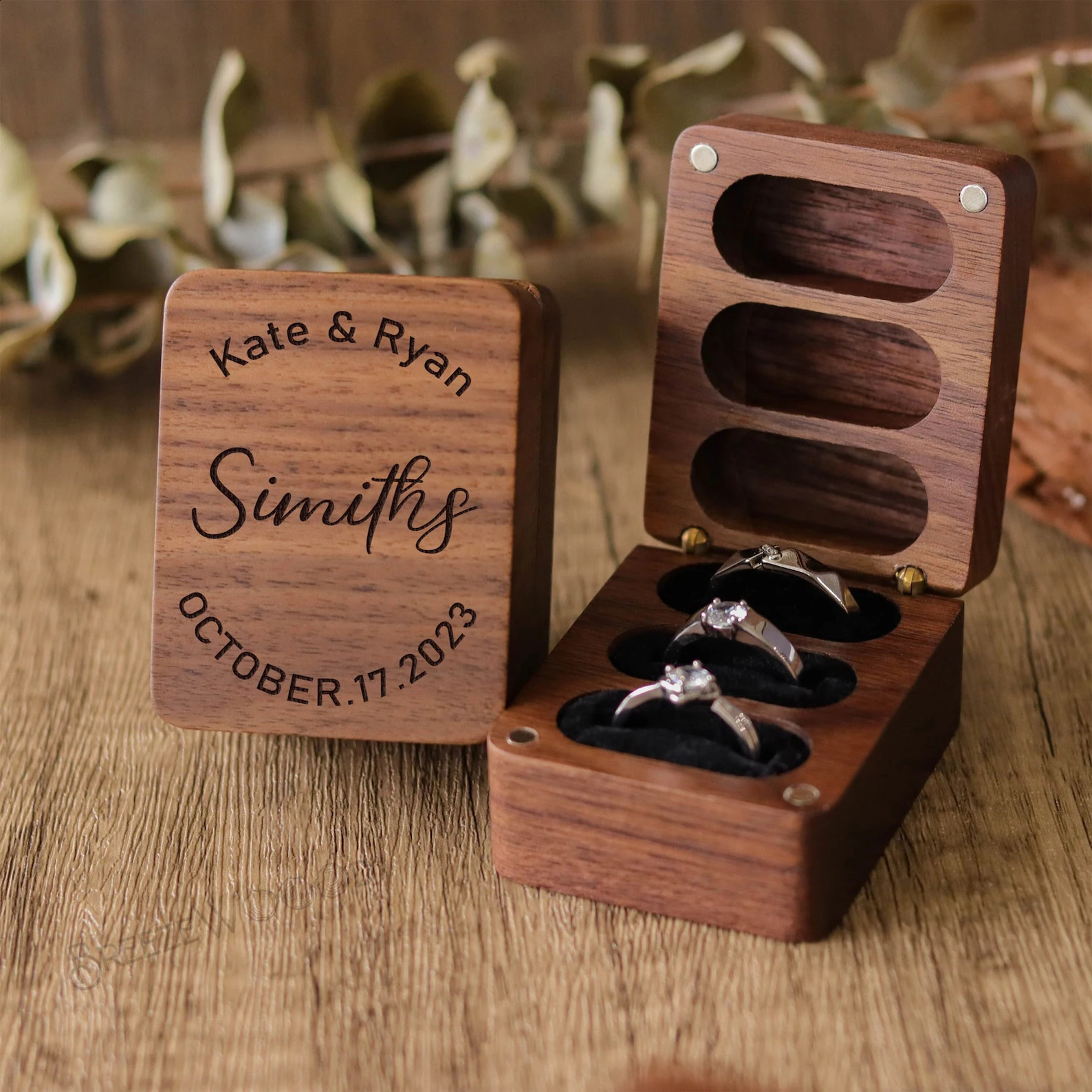Custom Engraved Wooden Ring Box - Personalized Walnut Jewelry Holder for Engagement Wedding Anniversary Proposal and Gift St 250106