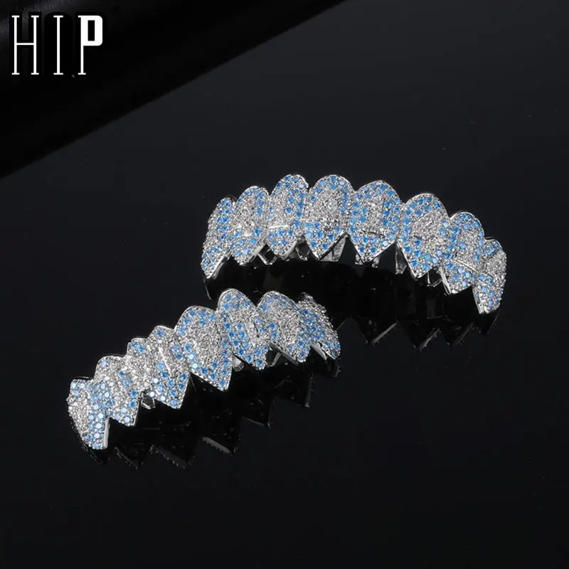 Hip Hop Full CZ Blue Stones Teeth Caps Cubic Zircon Iced Out Micro Pave Top Bottom Charm Grills Set For Men Women Jewelry 250107