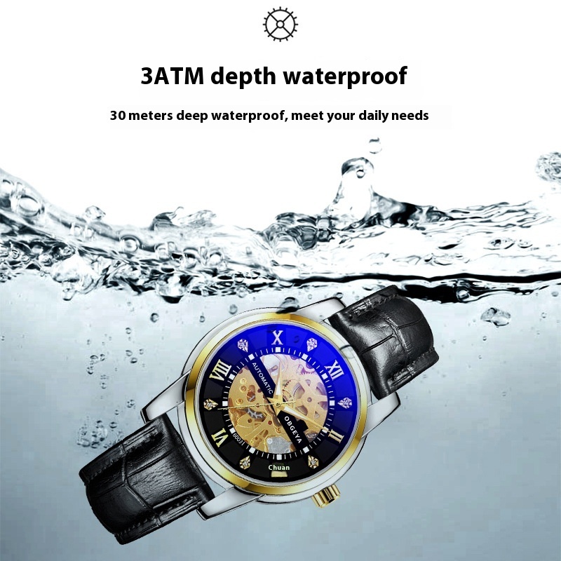 Men's Automatic Mechanical Watch with Stainless Steel Band, 30M Waterproof, and Night Glow
