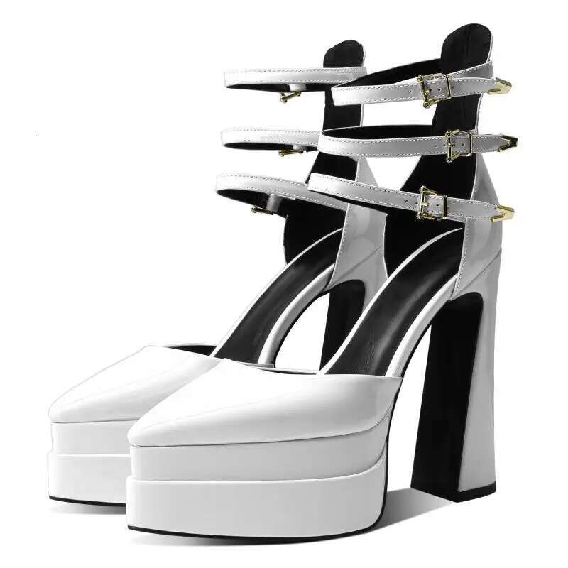 Pointed Head Shallow Mouth Fashion Sexy Increase Thick Heel Patent Leather Rivet Large Party Single Shoe Female
