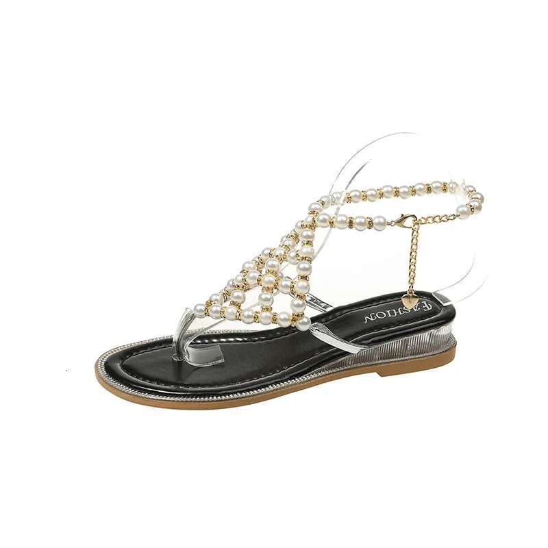 Beaded Clip Toe Women Sandals Beach Flip Ps Shoes Summer Dress Slippers Designer 2024 New Casual Mid Heels Pumps Mujer Slides