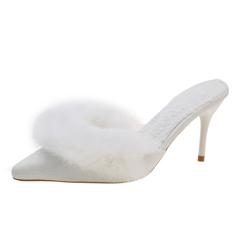 Women Slippers Fleece Spring Warm High Heel Fashion Outerwear Versatile Pointed Toe Triple Black White Pink Free shipping