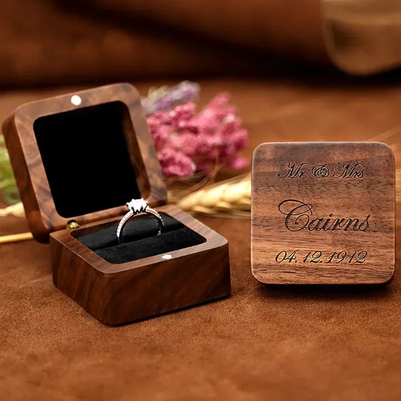 1pcs Free Custom Wooden Ring Box Personalized customization Wedding Anniversary Gift Walnut Wood Rings Box Engraved Engagement 250106