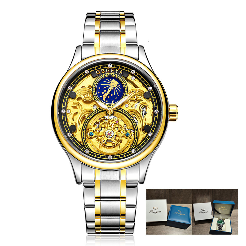 Men's Waterproof Skeleton Tourbillon Watch with Moon Phase and Automatic Movement