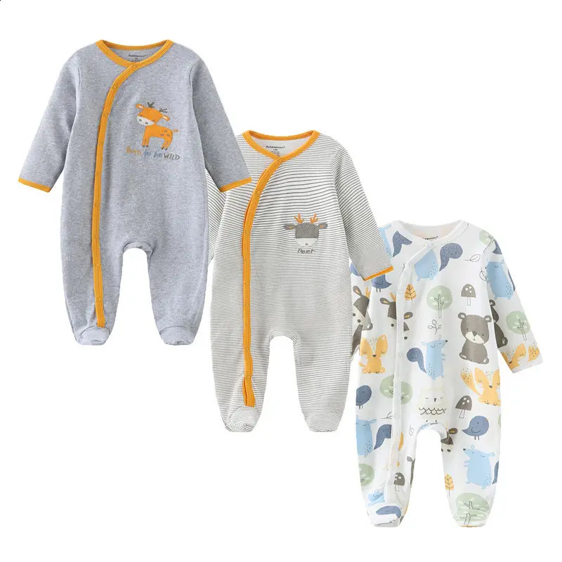 Kiddiezoom 3-piece/bulk autumn unisex cartoon long sleeved baby boy and girl jumpsuit 100% pure cotton soft born jumpsuit 250110