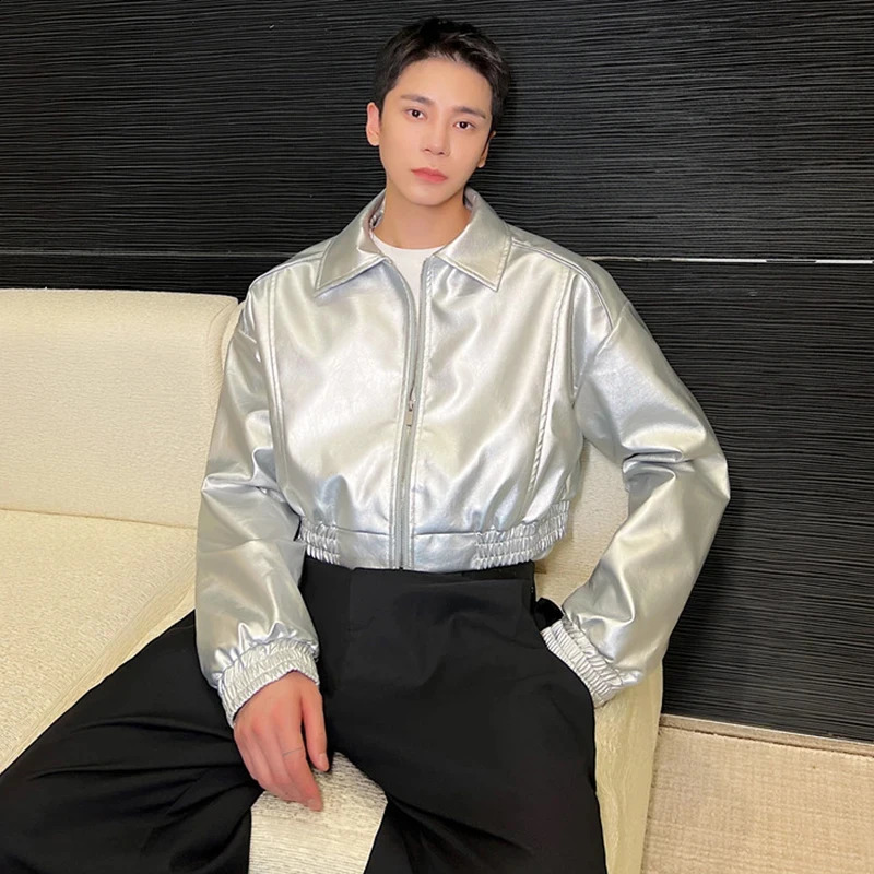 LUZHEN Leater Jackets Trend Mens Fashion Metal Silver Handsome Lapel Zipper Outerwear Korean Style Short Pu Leather Coat LZ2319 250109