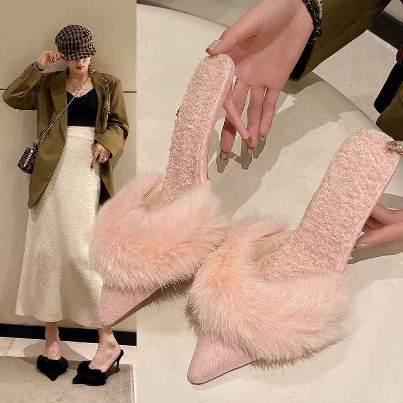 Women Slippers Fleece Spring Warm High Heel Fashion Outerwear Versatile Pointed Toe Triple Black White Pink Free shipping