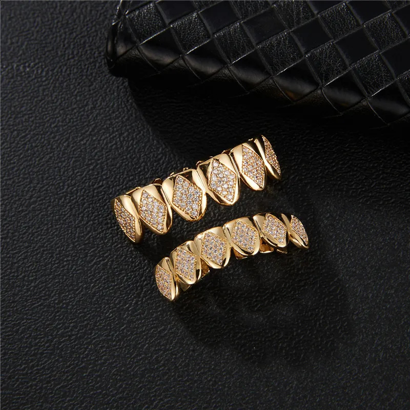 Bling WhiteTeeth Set Iced Out Caps Cubic Zircon Micro Pave Top Bottom Charm Grills For Men Women Jewelry 250107