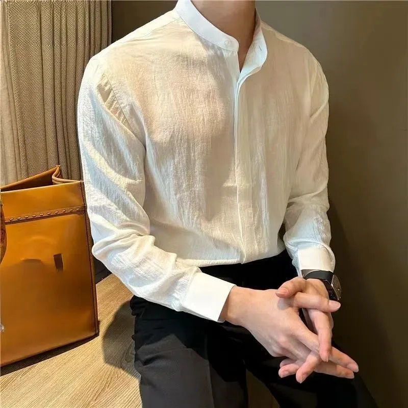 Preppy Style Long Sleeve Turn-down Collar Spring Autumn Solid Color Button Up Cardigan Shirt Mens Clothing Formal Casual Tops 250108