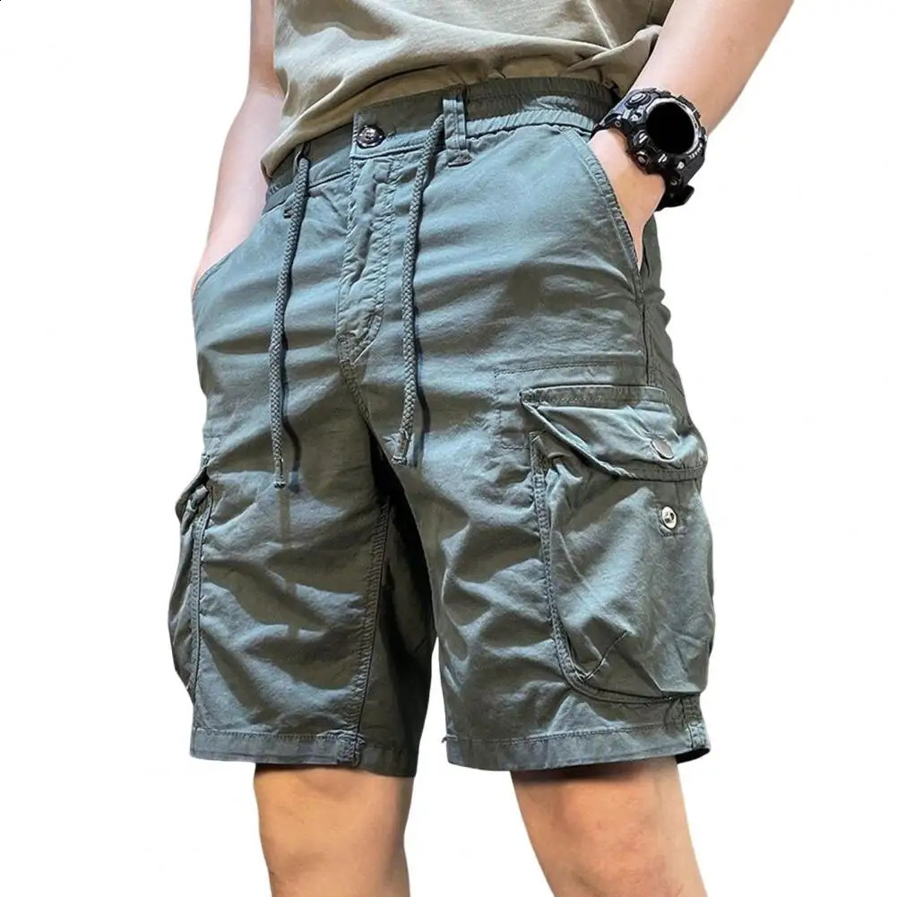 Durable Men Shorts Elastic Waist Mens Cargo Adjustable Drawstring Reinforced Pockets Straight Leg for Beach or Casual 250103